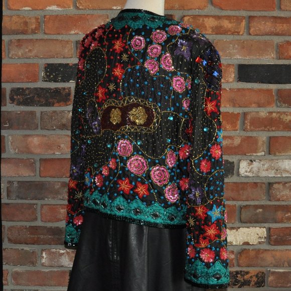 Vtg Frank Usher Heavily Beaded Sequin Silk Multicolor Floral Matador Jacket S - Picture 4 of 10